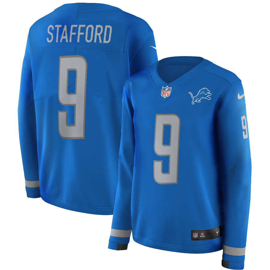 Women Detroit Lions #9 Stafford blue Limited NFL Nike Therma Long Sleeve Jersey->women nfl jersey->Women Jersey